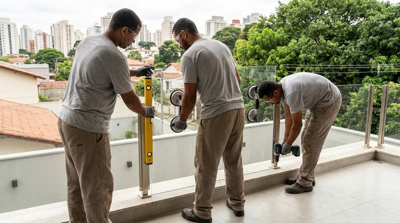 Guarda-corpo em terraço alto com vista cidade em Vila Velha-ES