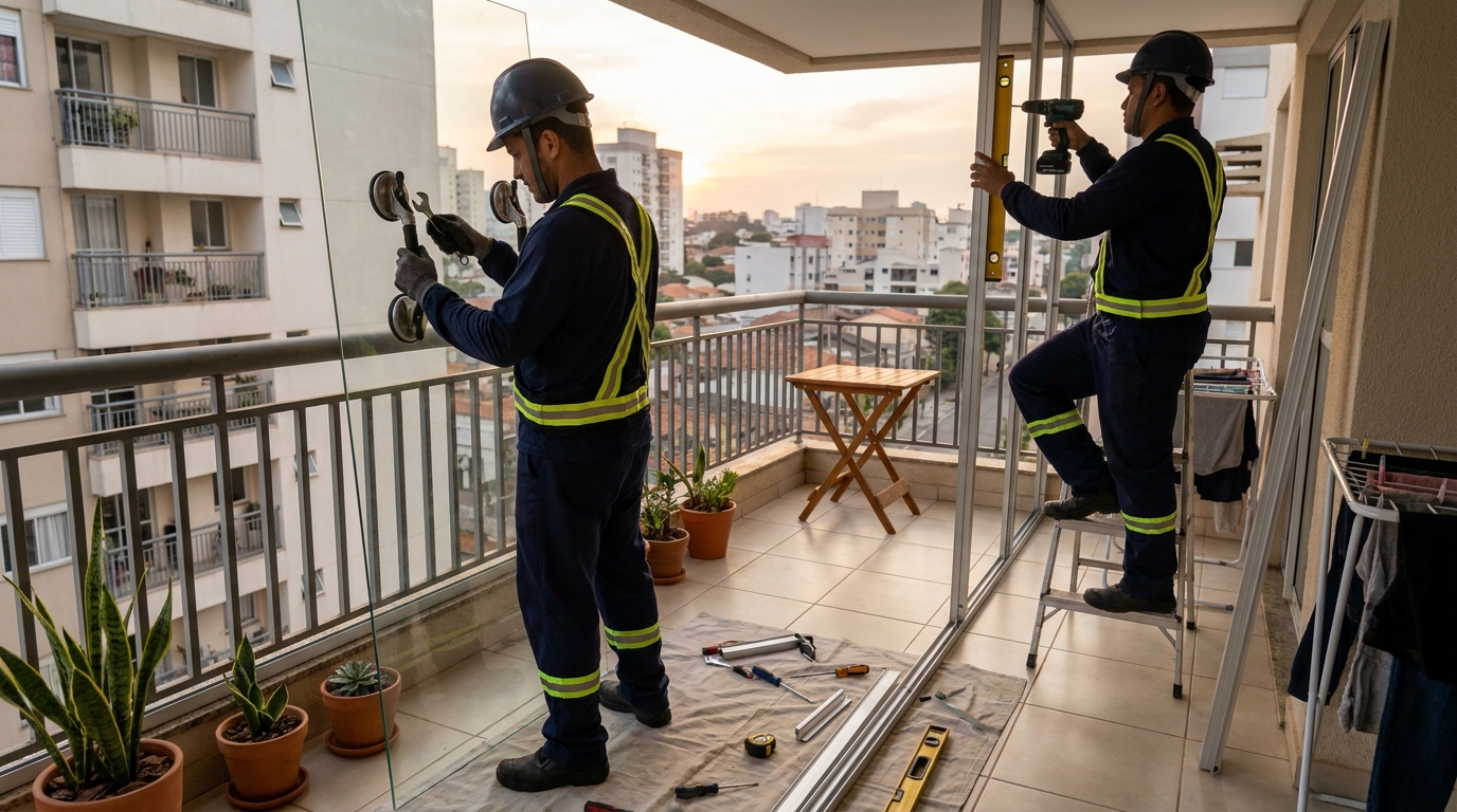 Instalação de parede de vidro em sacada em Vila Velha-ES